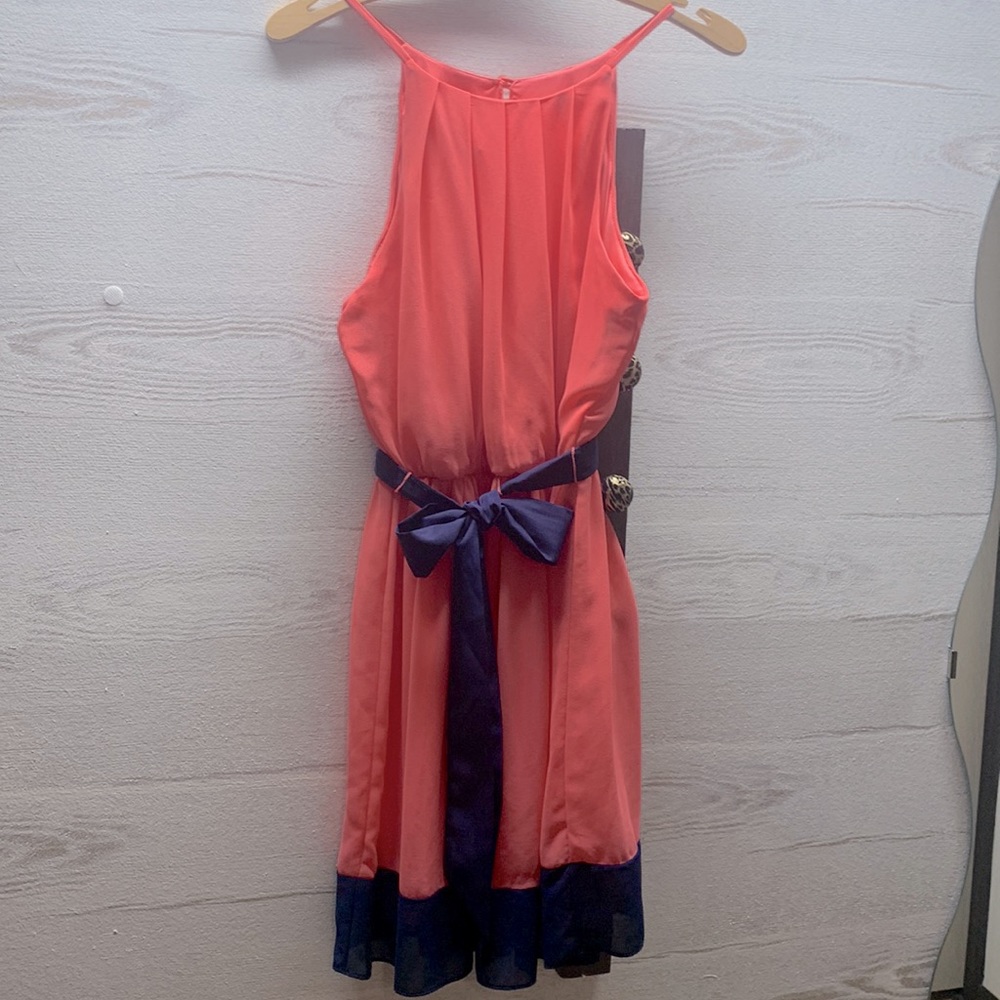 IZ Byer melon and blue crepe dress